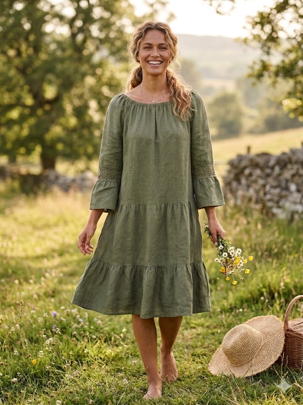 Terzo Millennio Olive Green 100%Linen Tiered Boho Dress Crochet Lace Trim- S EUC